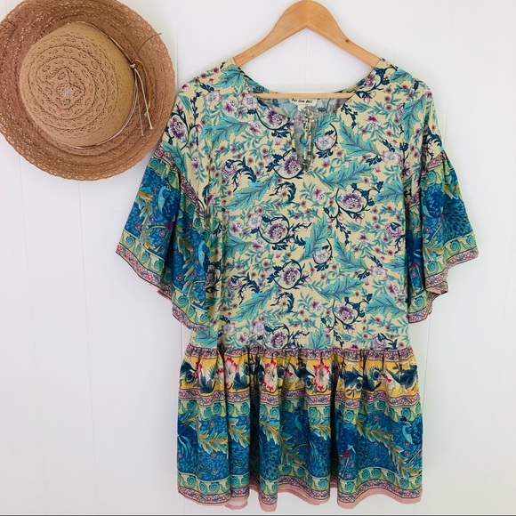 For Love Bell Colorful Peacock Floral Short Sleeve Blouse Women’s Size Large - Picture 2 of 14